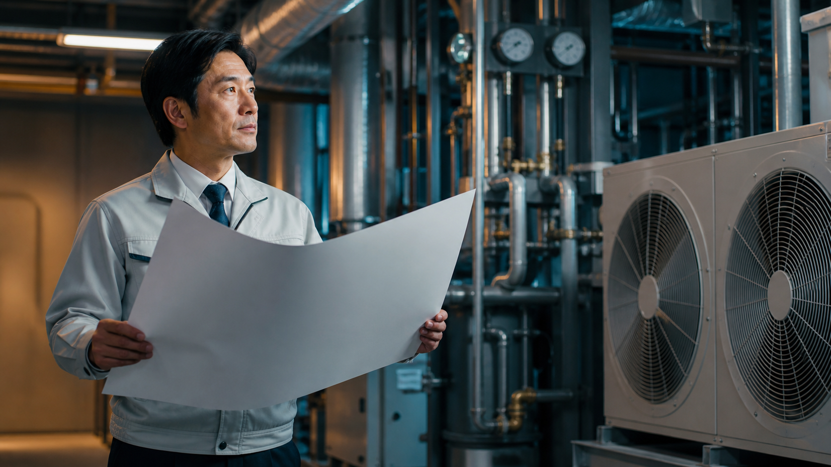 制度と実務を表現するヒートポンプ設備の情景